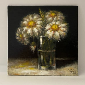 Daisies Original Oil Painting Still Life Impressionism Realism 6 x 6&quot; Bouquet Flowers Contemporary Miniature Small Wall Art Collectible