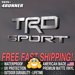 May include: Silver TRD Sport emblem for 2025+ 4Runner vehicles. The emblem is made of premium matte vinyl and is waterproof, UV protected, and designed for outdoor durability. The text "TRD SPORT" is prominently displayed.