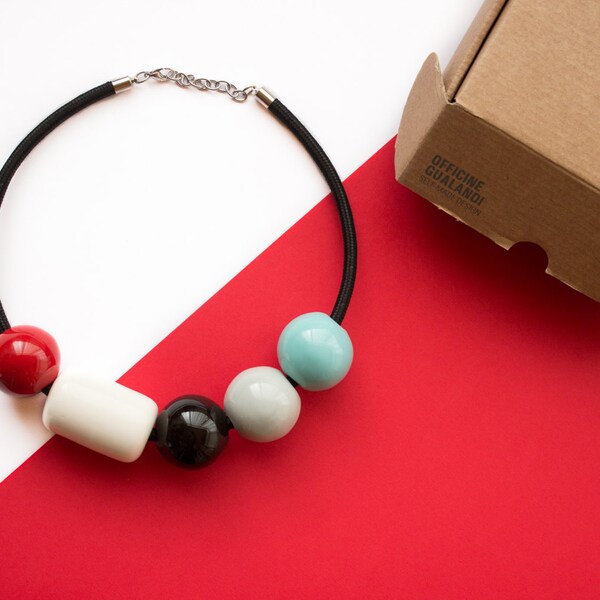 Statement necklace. Ceramic necklace white, gray, red, black. Black electrical cable