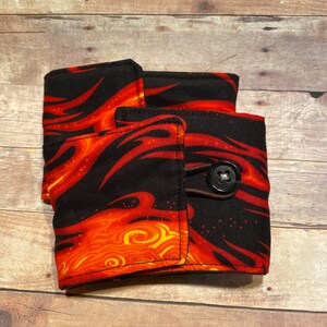 Fabric coffee cozy, coffee sleeve, Father’s Day gifts, flame fabric cup sleeve, gift ideas, hot or cold coffee cozies