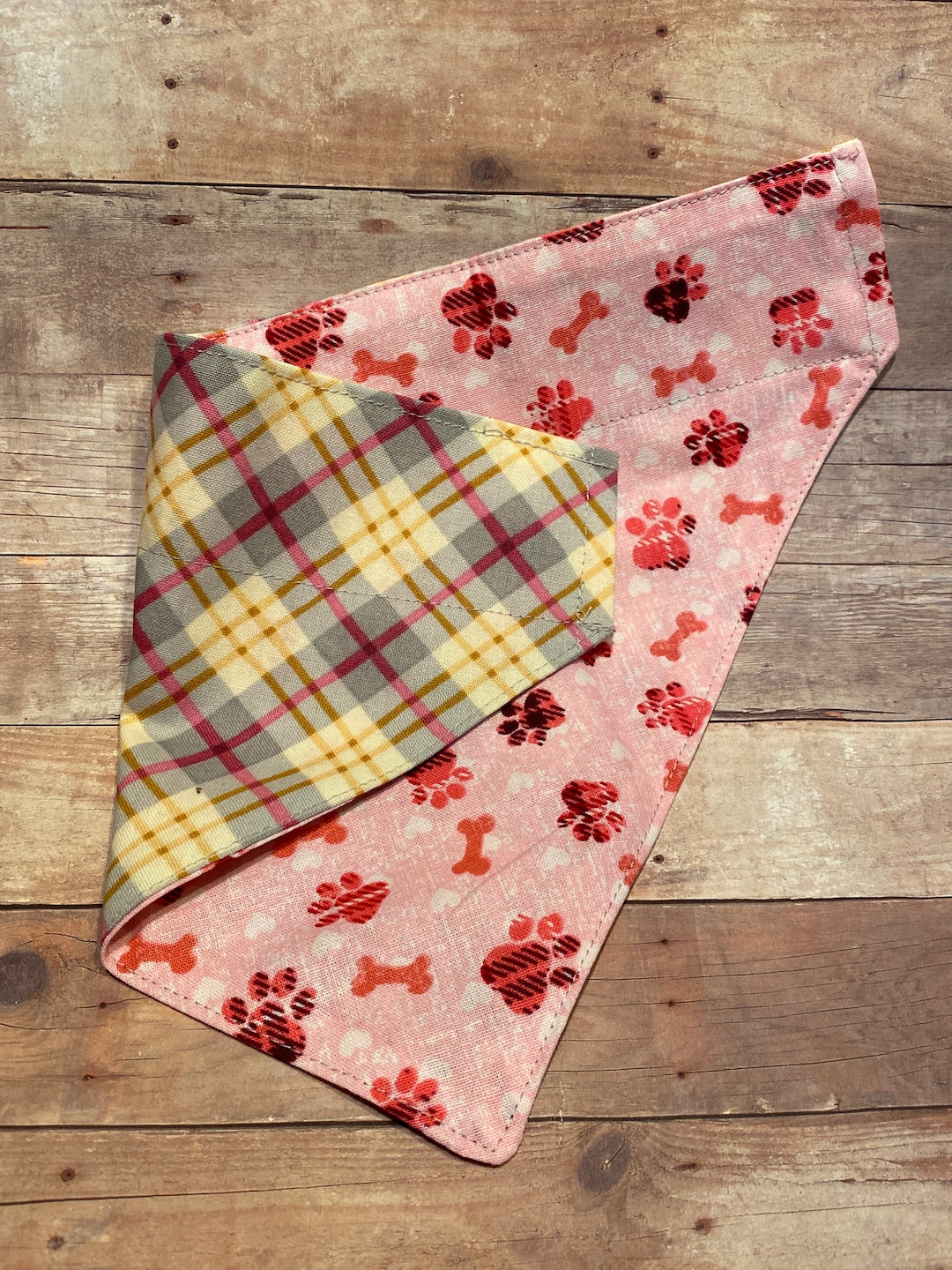 Small Dog Bandana Pink Plaid Paw Print Over the Collar Etsy