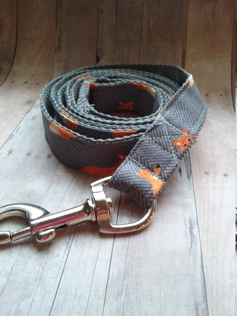Dog Leash Gray Fox Print Fabric Gray Herringbone Leash Etsy