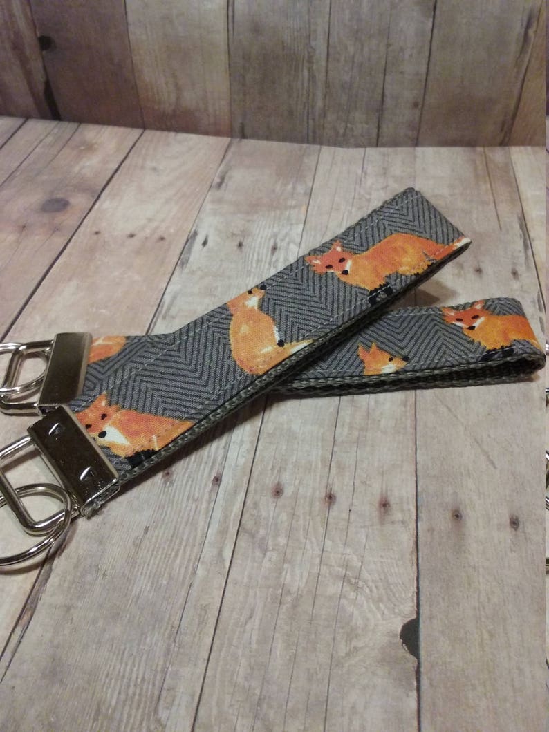 Key Fob Keychain Key Holder Wristlet Grey With Orange Fox Etsy