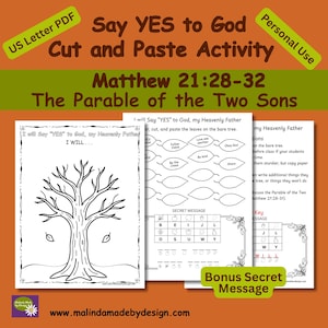 Könnte beinhalten: Ein druckbares Aktivitätsset mit dem Titel Say YES to God Cut and Paste Activity Matthew 21:28-32 The Parable of the Two Sons. Es enthält ein schwarz-weißes Arbeitsblatt mit einem kahlen Baum, eine Seite mit ausschneidbaren Blättern und einen Lösungsschlüssel.
