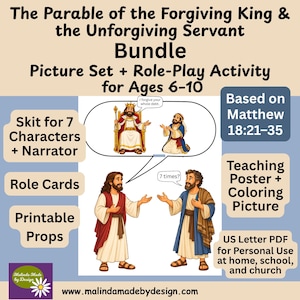 Könnte beinhalten: Ein digitales Set mit dem Titel The Parable of the Forgiving King & the Unforgiving Servant Bundle, Picture Set + Role-Play Activity for Ages 6-10. Enthält ein Skript für 7 Rollen, Rollenkarten, Requisiten, ein Lehrplakat und ein Ausmalbild.