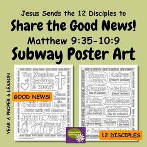 May include: Two black and white printable subway art posters featuring religious text and illustrations. The left poster displays phrases like The Kingdom of Heaven is near and Jesus loves us. The right poster lists the names of the 12 disciples.