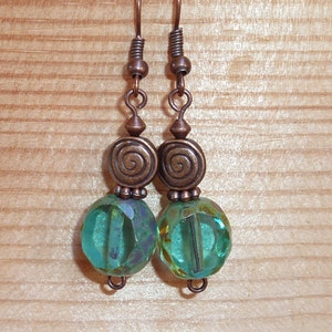 Czech Glass Earrings, Copper, Green, Mothers Day, Shabby Chic, Valentines Day, Boho, Birthday, Dangle, Aqua, Lightweight, Love