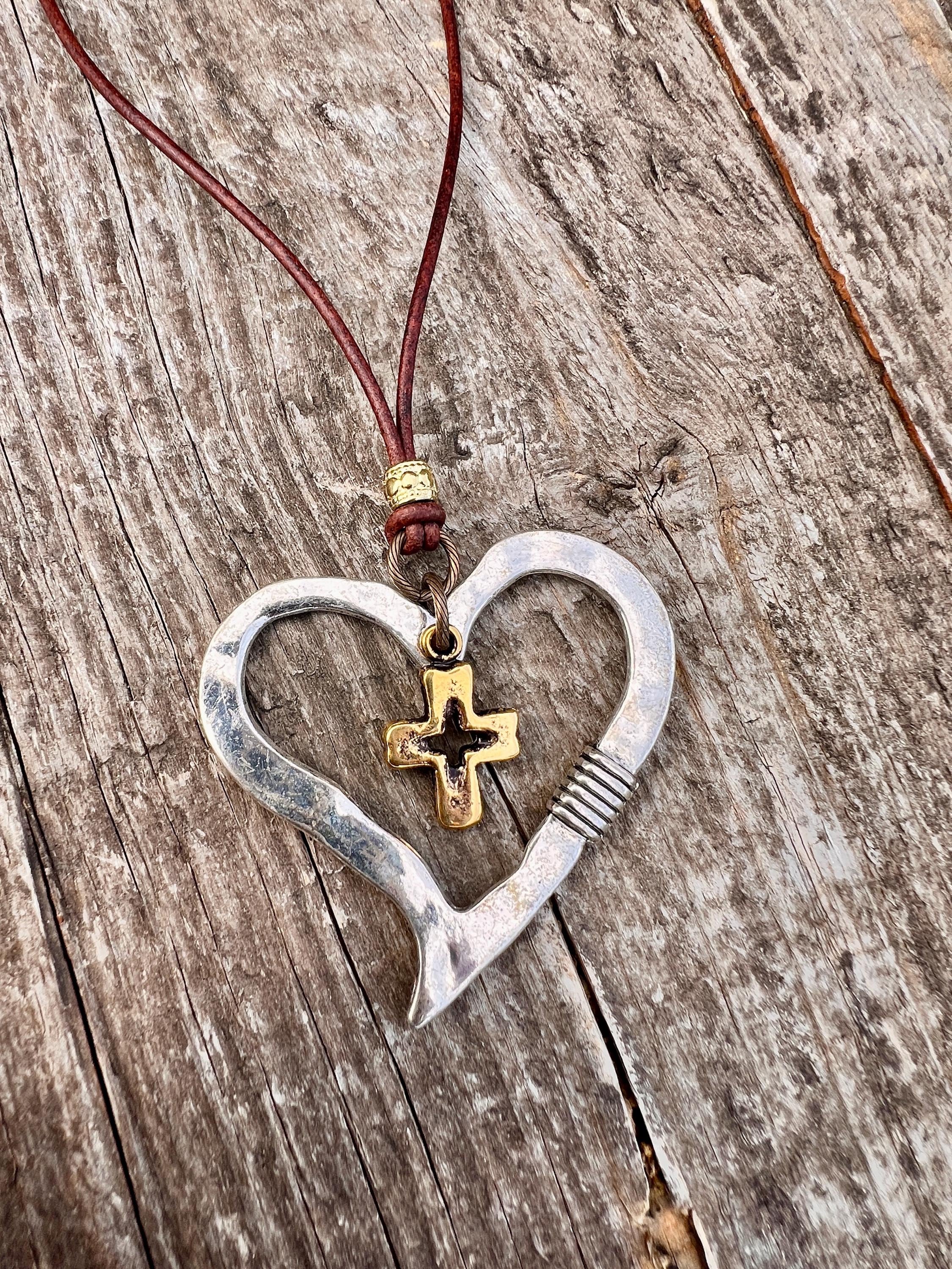 Silver Heart Necklace Leather Cord - Etsy