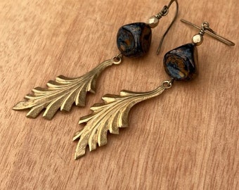 Dark Blue Czech Dangle Earrings, Brass, Gold Filigree, Boho, Shabby Chic, Mothers Day, Handmade, Birthday, Picasso, Christmas,