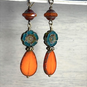 Czech Glass Earrings, Amber, Orange, Aqua, Flower, Boho, Shabby Chic, Dangle, Mothers Day, Valentines Day, Teardrop, Handmade, Birthday