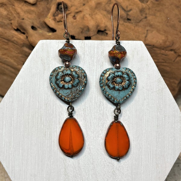 Heart Czech Earrings, Amber, Orange, Anniversary Gift for Her, Teardrop, Aqua Blue, Boho, Shabby Chic, Romantic, Gold, Christmas, Birthday