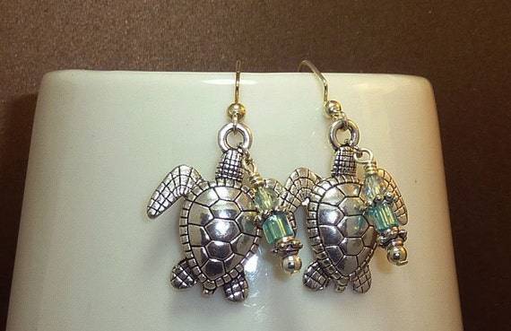 Silver Plated Aqua Blue Crystal Sea Turtle Earrings Boho | Etsy