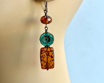 Rectangle Czech Earrings, Amber, Orange, Aqua Blue, Flower, Boho, Shabby Chic, Dangle, Christmas Gift, Gold, Whimsical, Handmade, Birthday