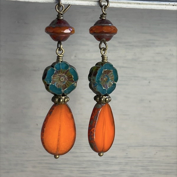 Teardrop Czech Earrings, Amber, Orange, Aqua, Flower, Boho, Shabby Chic, Dangle, Mothers Day, Valentines Day, Round, Handmade, Birthday