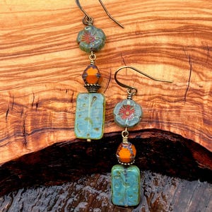 Czech Glass Rectangle Dangle Earrings: Sea Green, Orange Flower, Boho