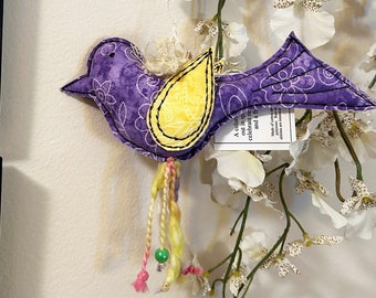 Spring Bird ornament, cloth bird ornament, Folk Art Style, Cottage Chic, stuffed bird, Vintage Style, fabric Bird, Purple Bird ornament #9