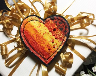 Quilted cloth heart pin & ornament, Fiber Art brooch, Art to Wear, handmade OOAK one of a kind#37