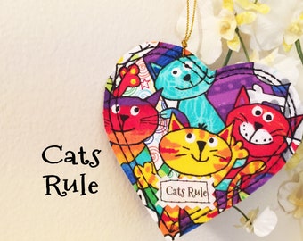 Cats rule Kitty Lover gift ornament,  Cat love saying, Crazy cat lady gift, quilted heart novelty, Life better with cats Appreciation 282