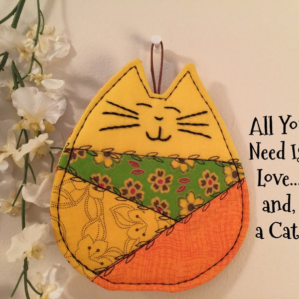 Quilted cat coaster, Kitty Mug Mat, kitty table mat, Cat novelty, Kitty mug coaster, hostess gift, Crazy Quilt Cat mat, Kitty coaster #154