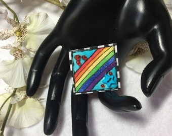 Inchie fabric art pin, Fabric pin. fiber art, art pin, fiber art brooch, rainbow pin, fabric ornament, Good Karma Inchie ornament Rainbow #5