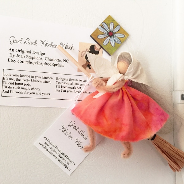 Good Luck Kitchen Witch magnet ornament, Kitchen Witch, Vintage OOAK design, new home gift, housewarming, bridal shower gift,La Befana#1127