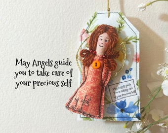 Tiny fiber art Angel Doll on gift tag, Cloth fabric textile art pin, pocket doll. Wearable art brooch collectible. OOAK design Diva doll #4