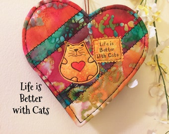 Kitty wall art, Cat Lady gift, Cat lover gift, quilted mat, Housewarming gift, Appreciation, Thank You gift, Cat mat, Life is better#24