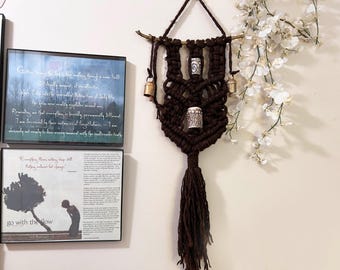 Handmade boho retro art with a nostalgic vibe, hippie macrame fiber art decor, Vintage People Bead wall hanging, #6