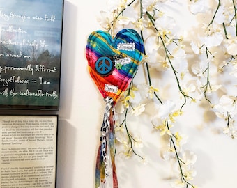 Peace sign heart ornament, Imagine prayer for peace, Hippie flower power Boho namaste ornament, Bohemian heart #26