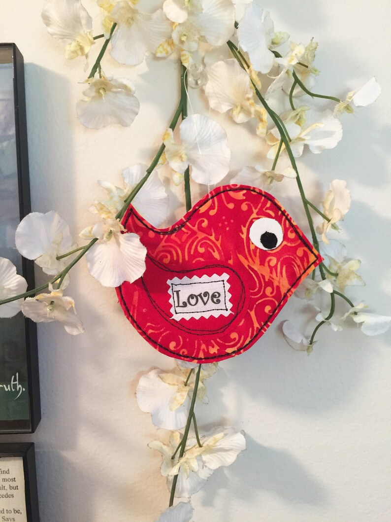 Fabric ornament Love Arty Bird Card Quilted bird ornament gift quilted bird Gift Card fabric bird Inspiring Quote red Love card #1