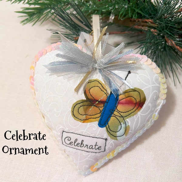 Celebrate fabric ornament, beautiful sparkling special textile heart gift, Puffy heart ornament, tree decoration, remembrance keepsake #2