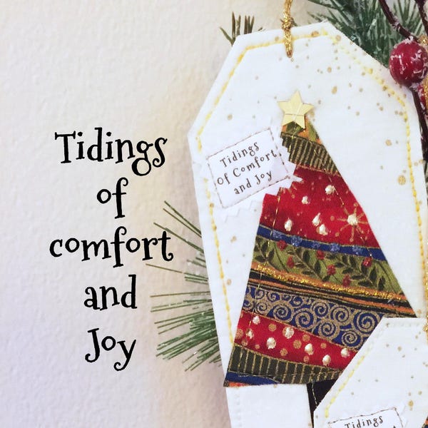 Holiday Tree gift tag quilted fabric ornament, Fiber Art fabric card insert, package label, Arty Christmas present 13-16