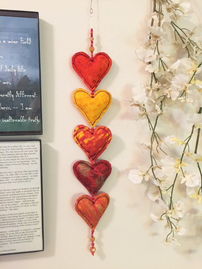 Feng Shui Heart String Fiber Art, Hearts Ornament, Healing, Art