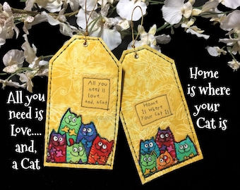 Cats Rule Gift Tags set, Fabric Gift Tags, Fabric Labels, Gift Hang Tags, Fiber Art tags, Fabric Book Mark, Art Tags, Cat lover gift, Set#7