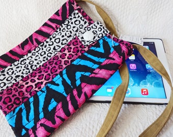 Quilted fabric book bag, iPad Tablet carry case, Jungle Print designer textile notebook pouch.