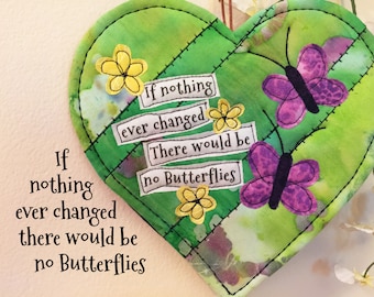 Inspirational Home Decor fiber art, quilted fabric butterfly heart, OOAK wall art#18