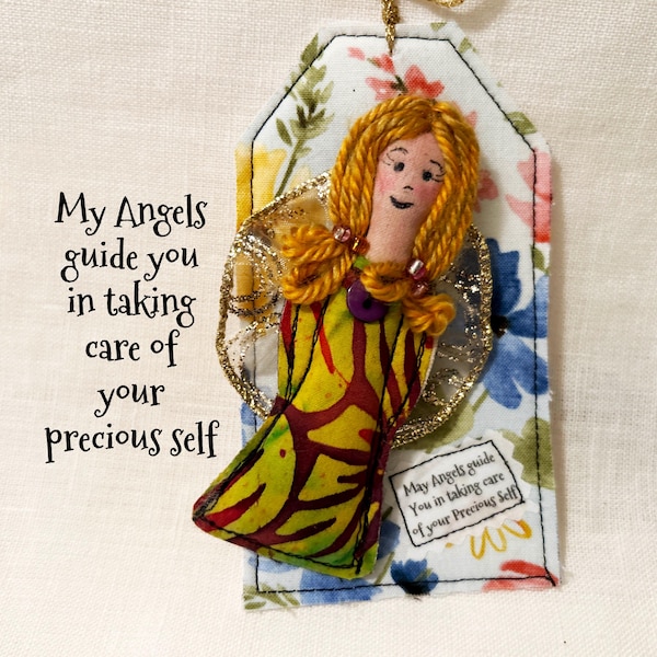 Tiny fiber art Angel Doll on gift tag, Cloth fabric textile art pin, pocket doll. Wearable art brooch collectible. OOAK design Diva doll #8