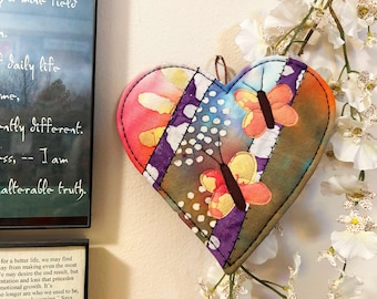 Quilted butterfly wall art decor, Friendship gift, Butterfly heart mug mat, Angel kisses sentiment #146
