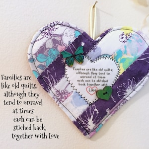Families Quilt Quote, Love sentiment for families, Family Forgiveness saying gift, Inspirational fabric fiber art, Large ornament #96