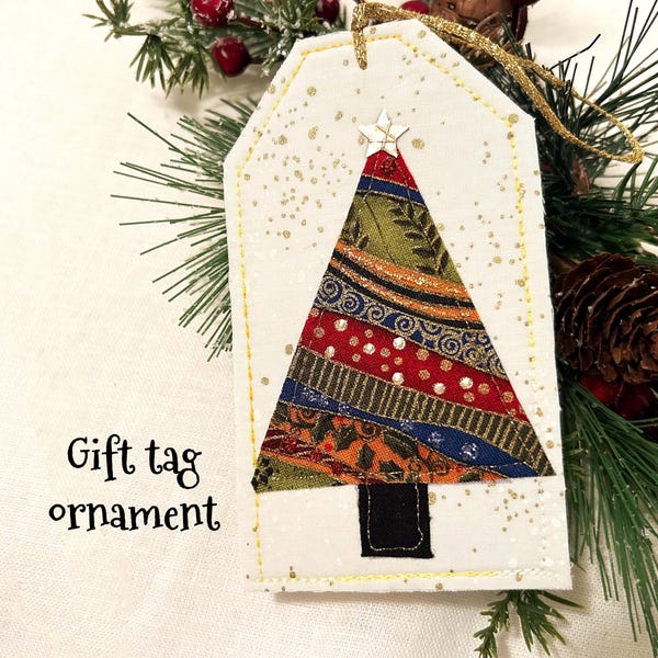 Holiday Tree gift tag fabric ornament, Quilted handmade fiber art fabric card insert or package label, Arty Christmas present #6-10