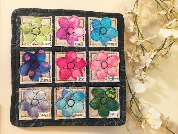 Personal Growth Quilted Wall Art, Flower wall quilt decor, Inspirational art quilt, handmade one of a kind OOAK #28