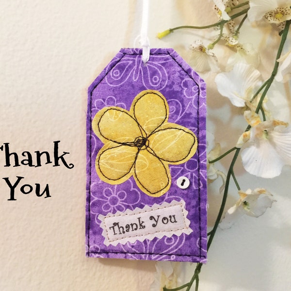 Quilted flower Gift Tag, Fabric Gift Tag, Cloth Label, Gift Hang Tags, Fiber Art tags, Fabric Book Mark, Art Tags, flower gift tag #23