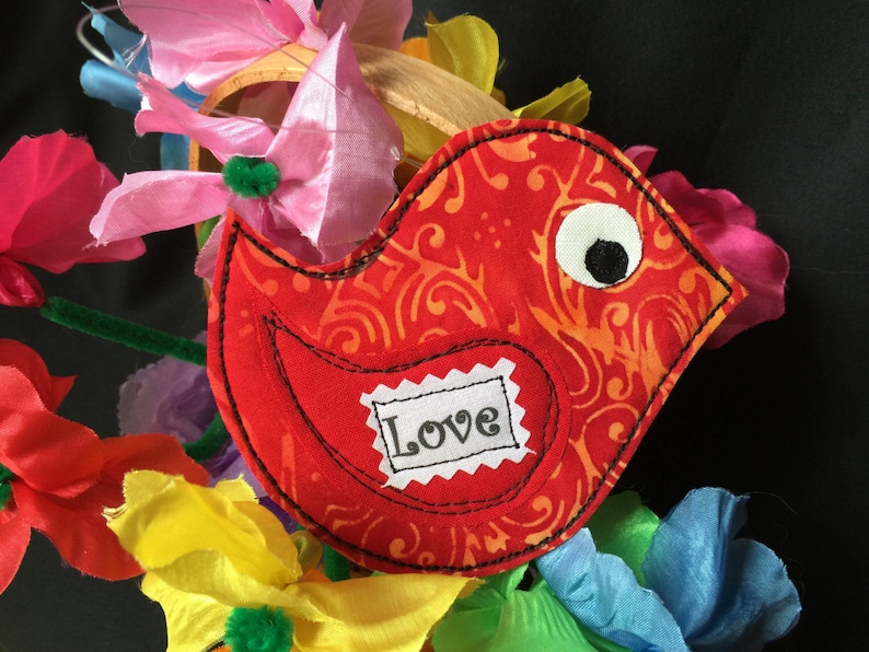 Fabric ornament Love Arty Bird Card Quilted bird ornament gift quilted bird Gift Card fabric bird Inspiring Quote red Love card #1