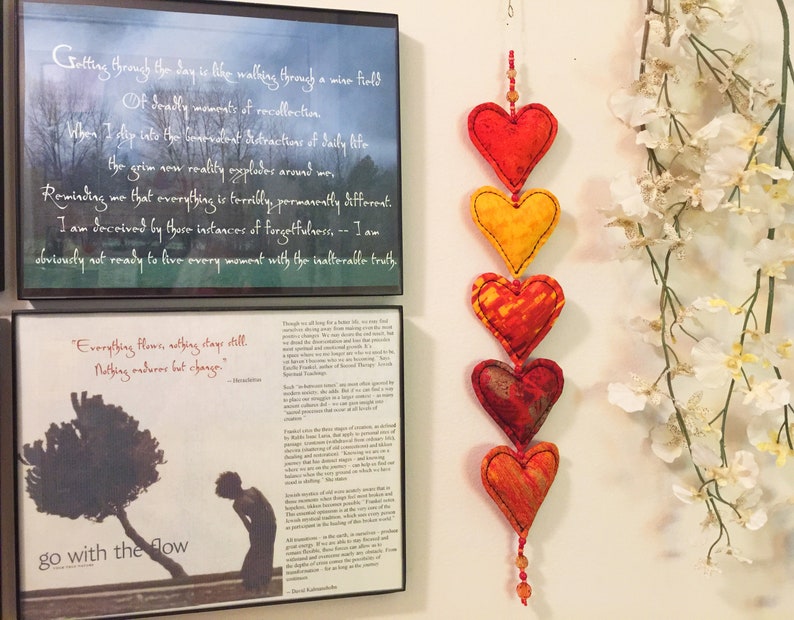 Feng Shui Heart String Fiber Art, Hearts Ornament, Healing, Art