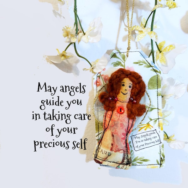 Tiny fiber art Angel Doll on gift tag, Cloth fabric textile art pin, pocket doll. Wearable art brooch collectible. OOAK design Diva doll #28