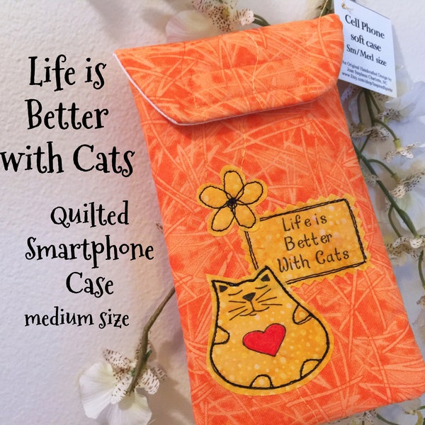 Smartphone case medium size, iPhone case, soft Quilted phone bag, Gadget case, Smart Phone, iPhone bag, eyeglass case, Cat lover gift med#93