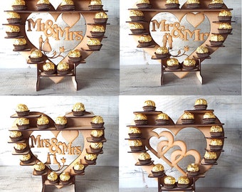 Support Cœur "Mr & Mrs" Pour Ferrero Rocher - Bois, 39x44 Cm, Décoration Mariage, Bar à Bonbons