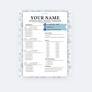 May include: A resume template with a light blue banner and seashell pattern. The resume includes sections for experience, education, skills, and certifications. The text includes the name, contact information, and a professional summary.