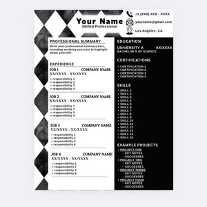 May include: A black and white resume template with a geometric design. The resume includes sections for professional summary, experience, education, certifications, skills, and example projects. Contact information is at the top.
