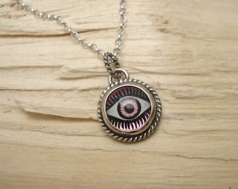Un-Evil Eye Necklace Pink/Green Dichroic Vintage Glass Eye in Sterling Silver Setting